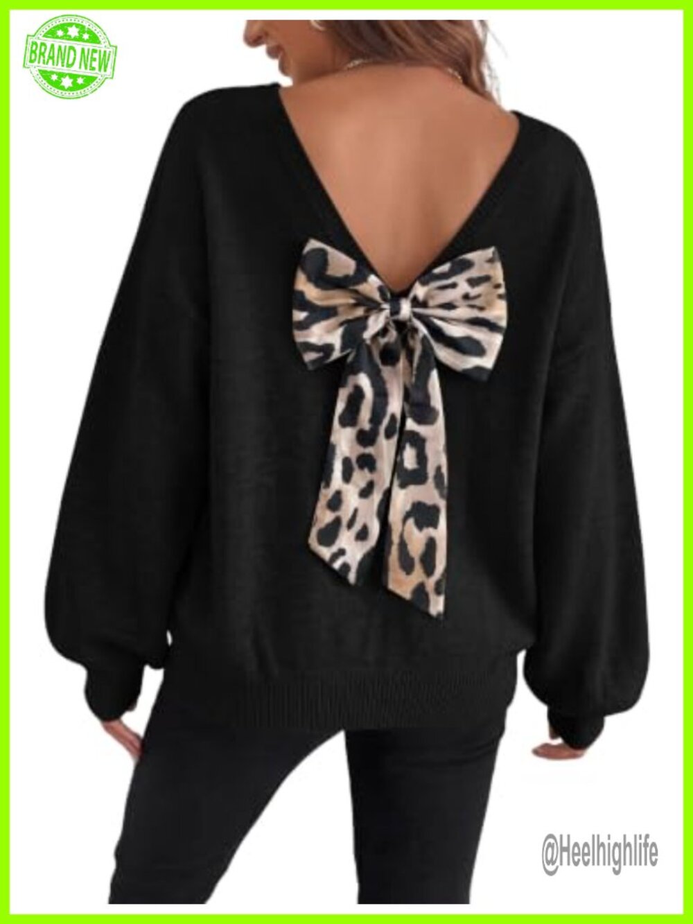Oversized Back Bow Sweater Crewneck Long Sleeve Leopard Print Pullover